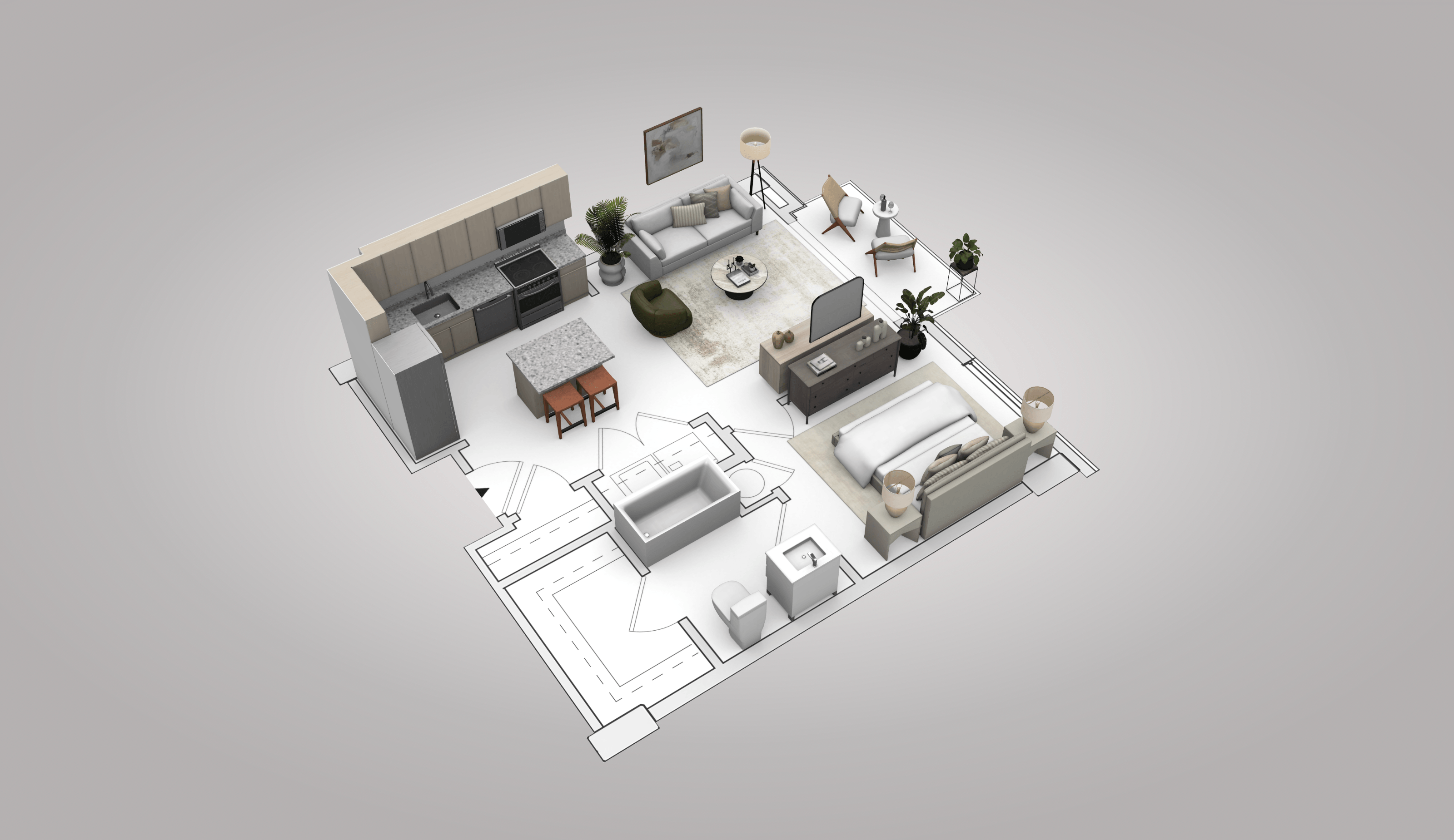 Floor plan for 1 bed, 1 bath, 675 sqft